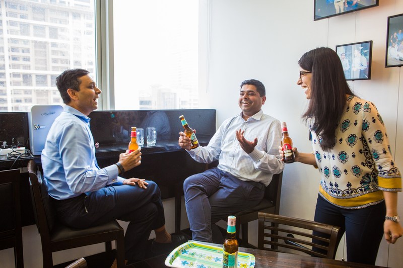 Bira 91 CEO Ankur Jain (center) at the Sequoia India office alongside Abhay Pandey, Managing Director at Sequoia Capital (left), and Sakshi Chopra, Vice President at Sequoia Capital (right)