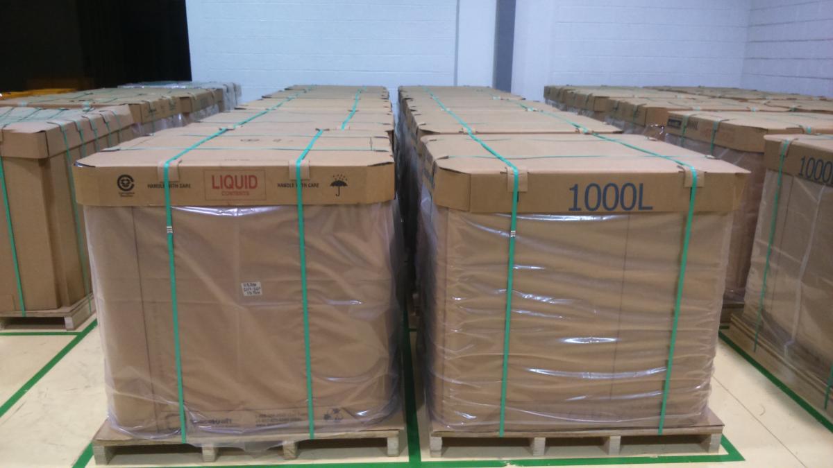 1,000-liter bags of Eau de Coco coconut water packed in Spacekraft cartons