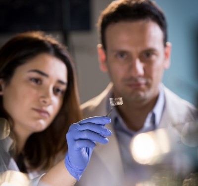 Researchers Hanie Yousefi and Tohid Didar examine a transparent patch which can be used in food packaging to detect pathogens. (Photo credit: McMaster University)