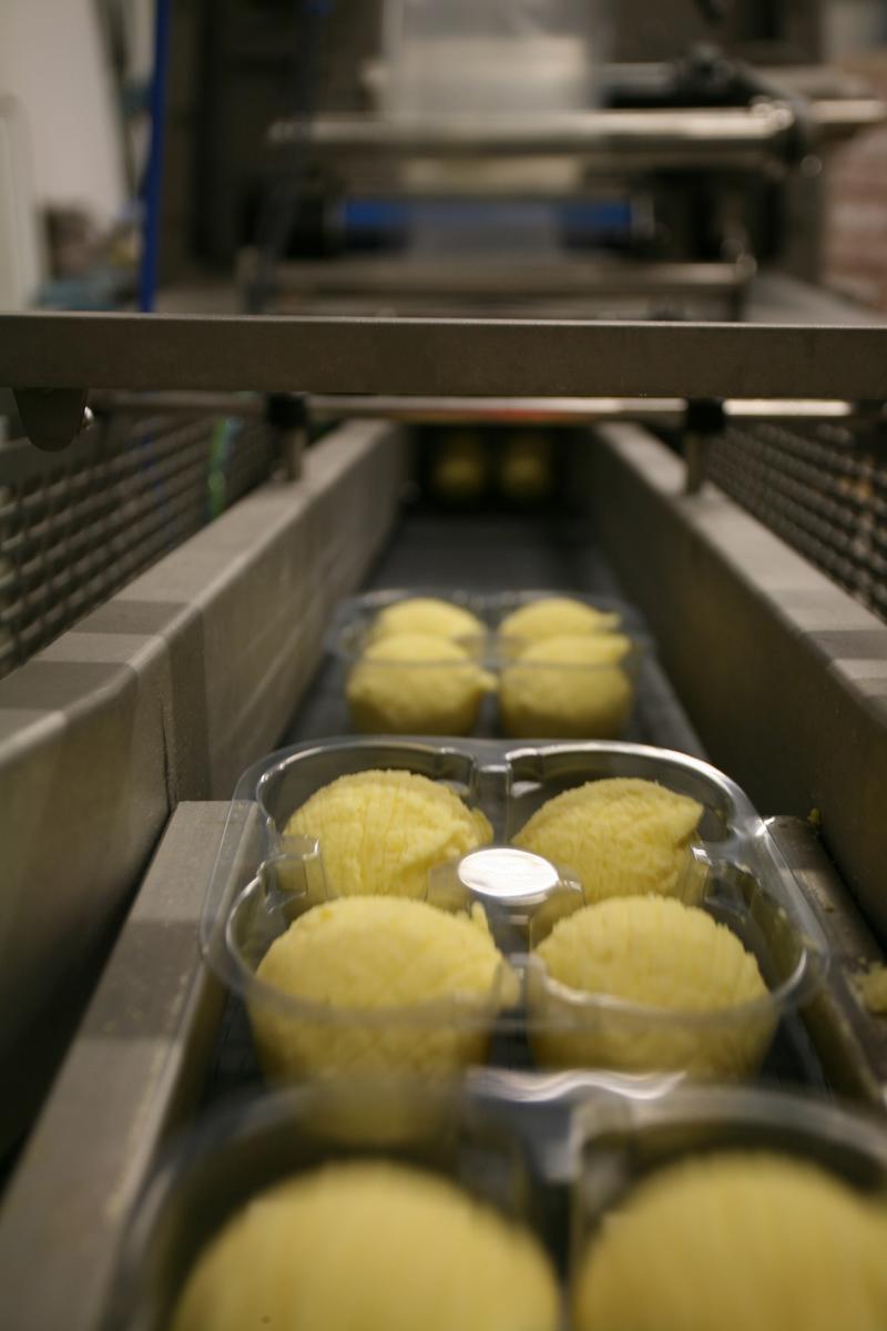 Trays with potato dumplings at traysealer infeed