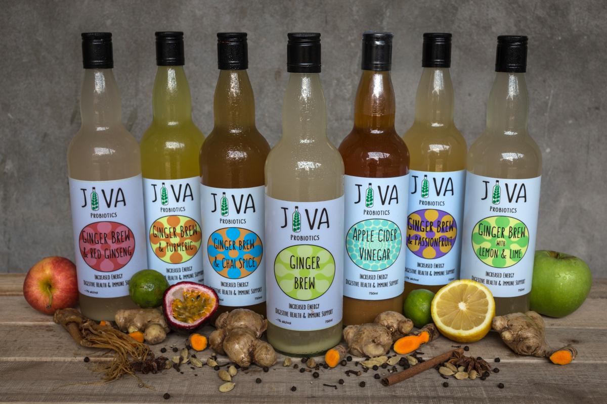 Jiva offers ginger-based brews, pineapple brew, and apple cider vinegar 