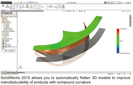 SolidWorks 2015 allows you to automatically flatten 3D models to improve manufacturability of products with compound curvature.