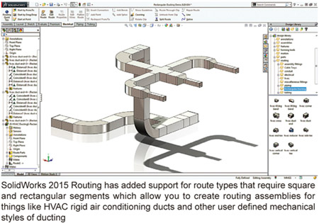 SolidWorks 2015 Routing has added support for route types that require square and rectangular segments which allow you to create routing assemblies for things like HVAC rigid air conditioning ducts and other user defined mechanical styles of ducting