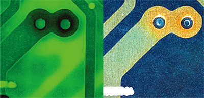 A fluoresced and brightfield image of an electronics assembly.